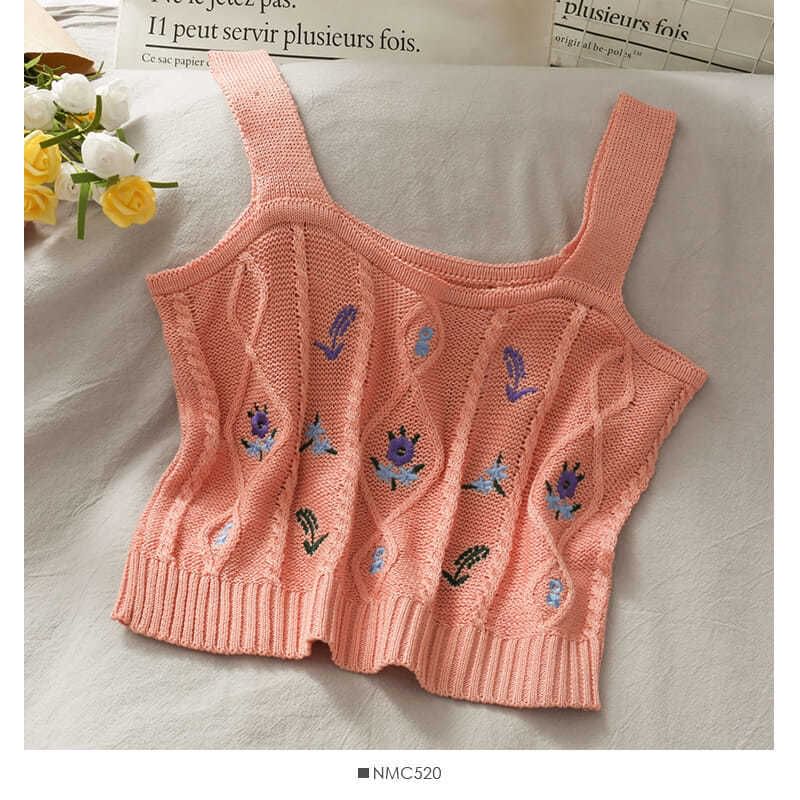Cropped Knit Embroidered Flower Camisole Top