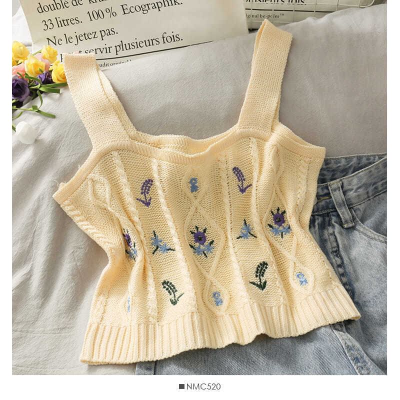 Cropped Knit Embroidered Flower Camisole Top
