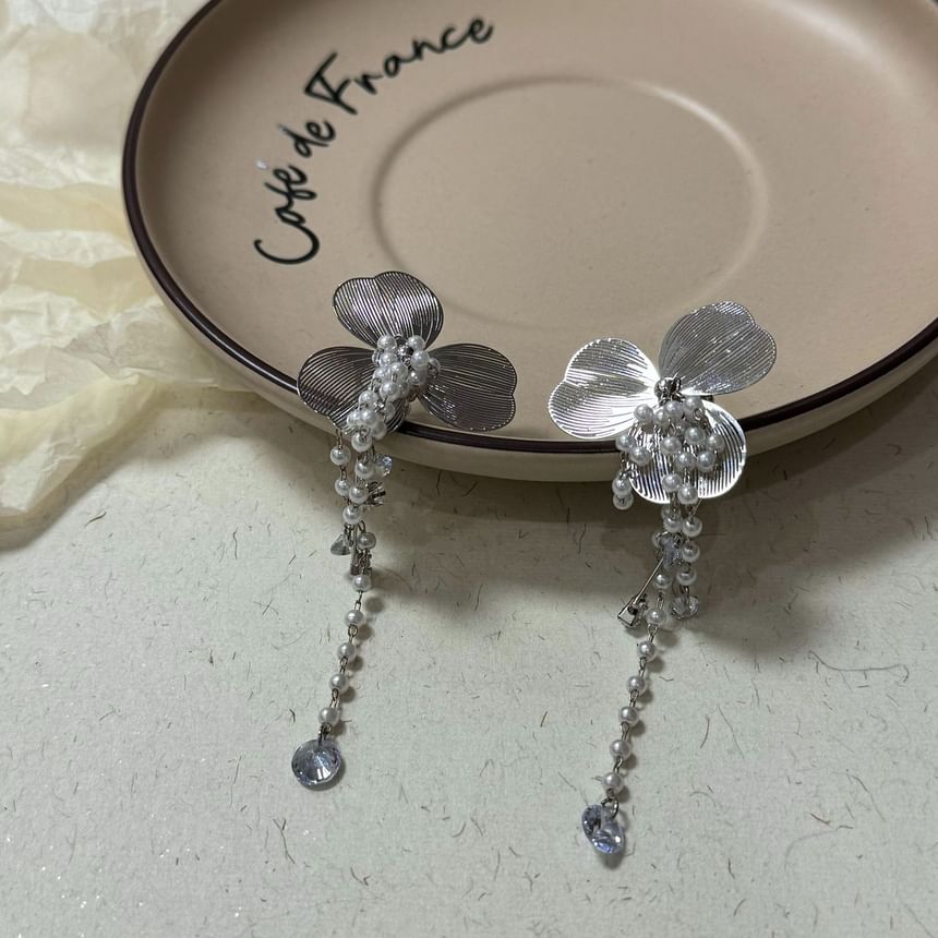 Rhinestone Floral Pearl Ear Cuff Fringed Faux