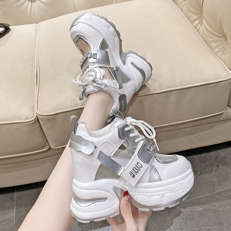 Wedge Hidden Cutout Sneakers Rhinestone Panel Platform