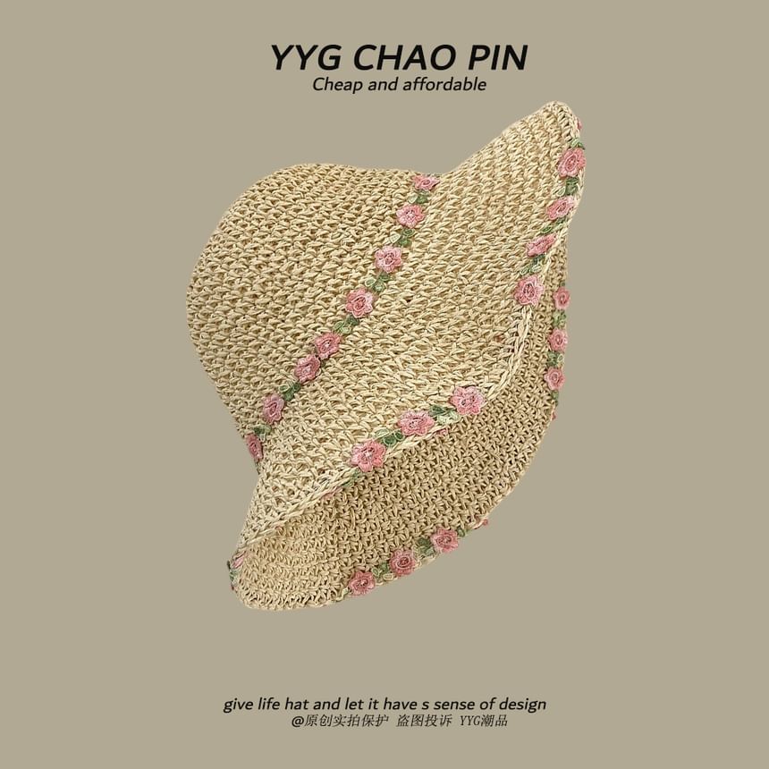 Floral Hat Straw Sun Embroidered
