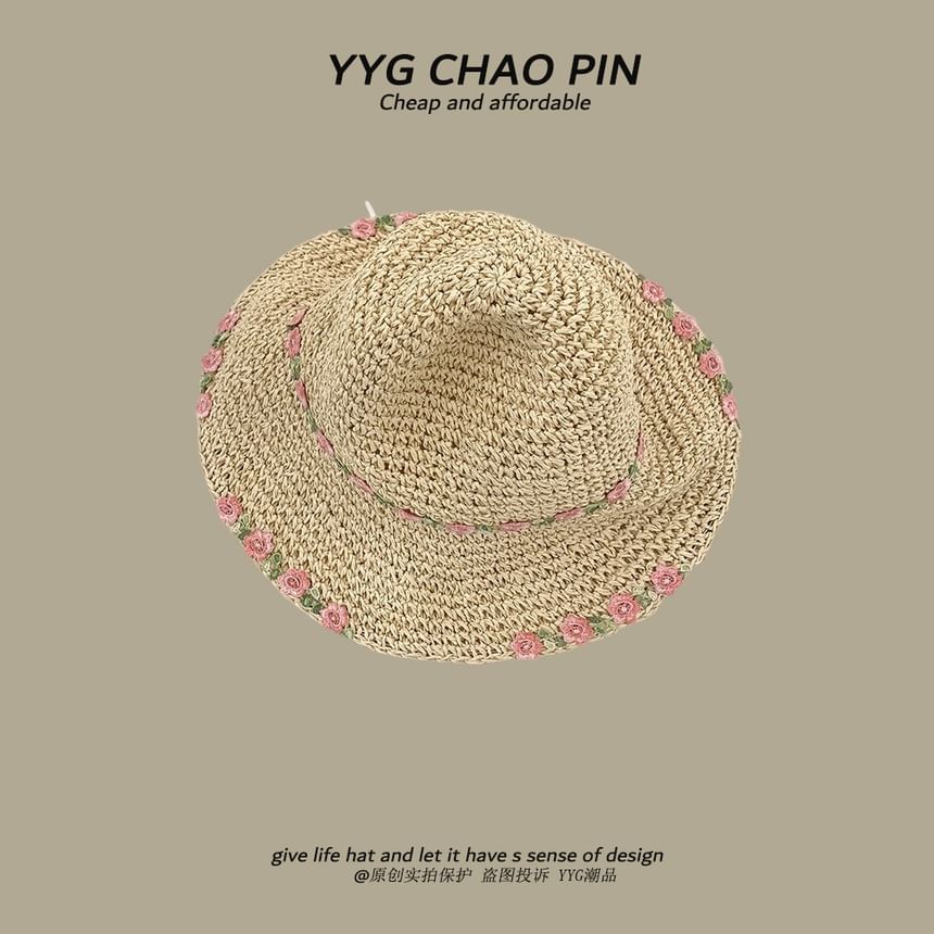 Floral Hat Straw Sun Embroidered