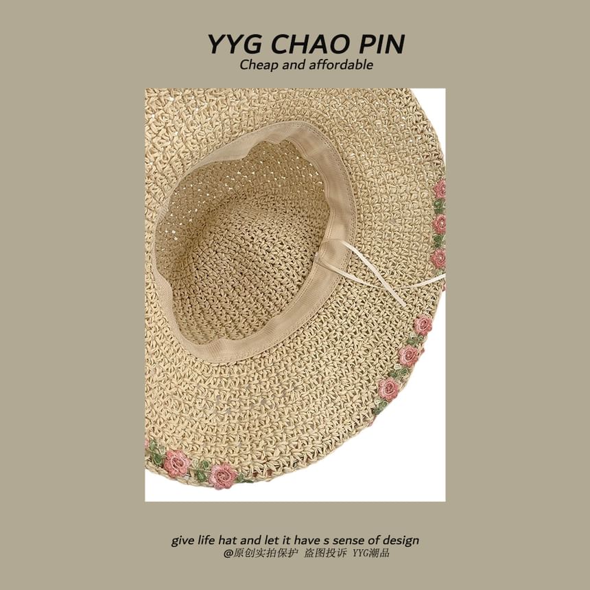 Floral Hat Straw Sun Embroidered