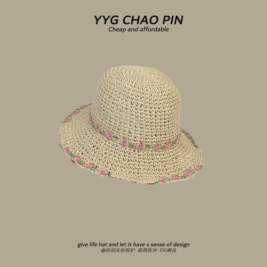 Floral Hat Straw Sun Embroidered