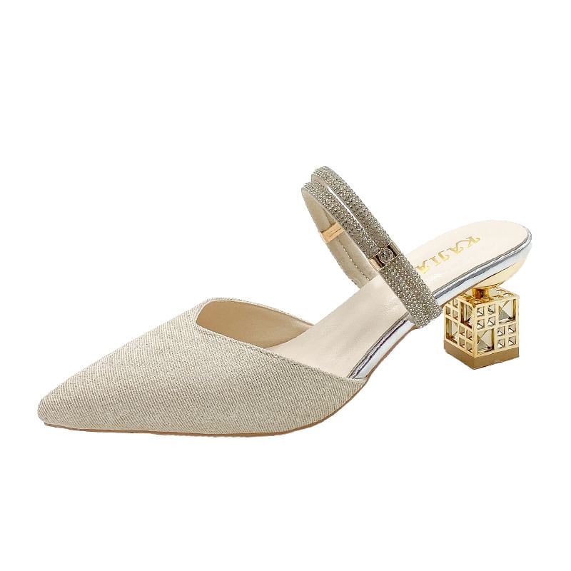 Heel Pointed Mules Rhinestone Block