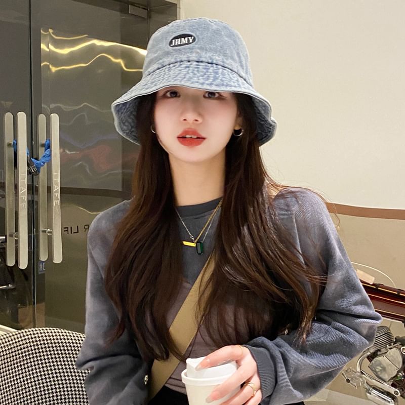 Lettering Hat Washed Embroidered Denim Bucket