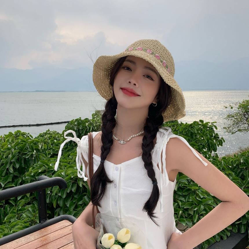 Hat Embroidered Sun Straw Floral