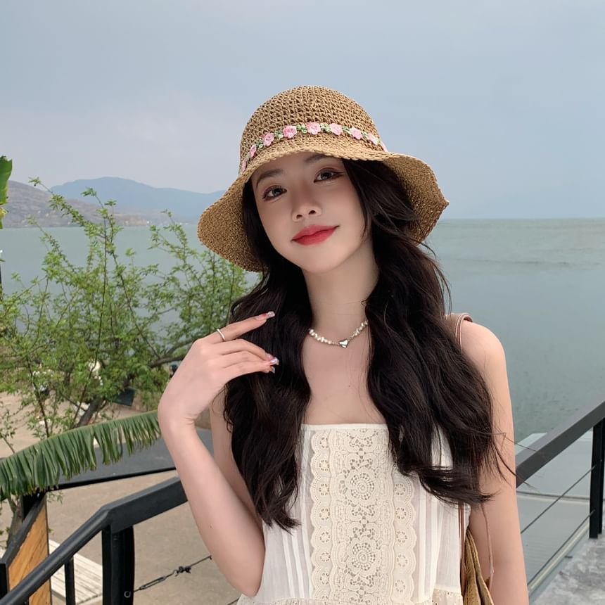 Hat Embroidered Sun Straw Floral