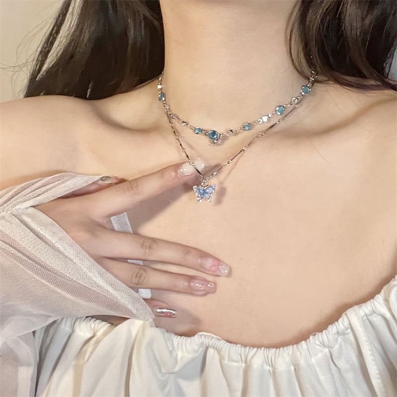 + Set: Alloy Pendant Choker Necklace Butterfly Crystal Faux