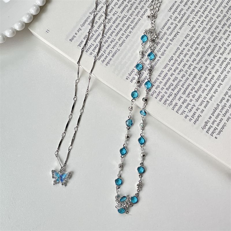 + Set: Alloy Pendant Choker Necklace Butterfly Crystal Faux