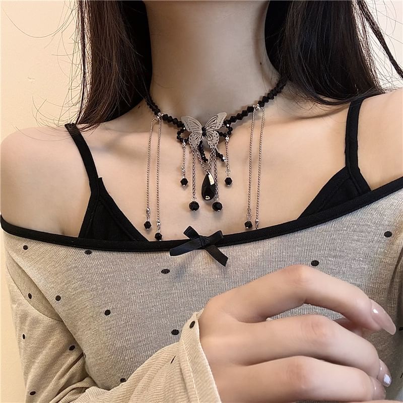 Butterfly Faux / Leather Choker Alloy Studded