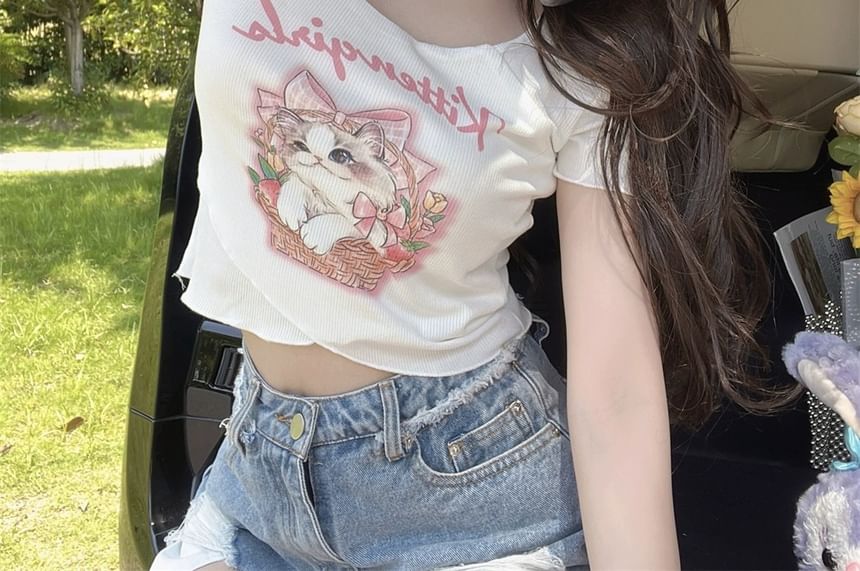 Lettering Neck Cartoon Print Short-Sleeve Square Tee