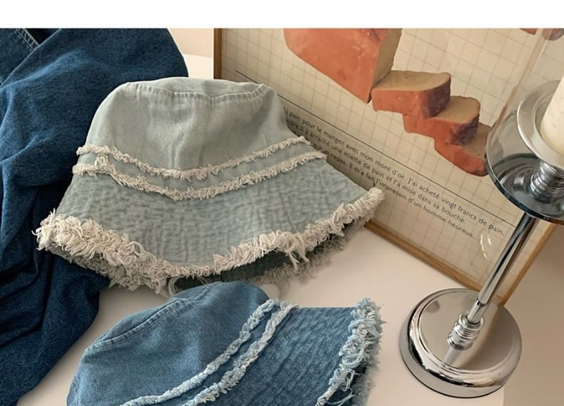 Denim Fringed Distressed Hat Bucket
