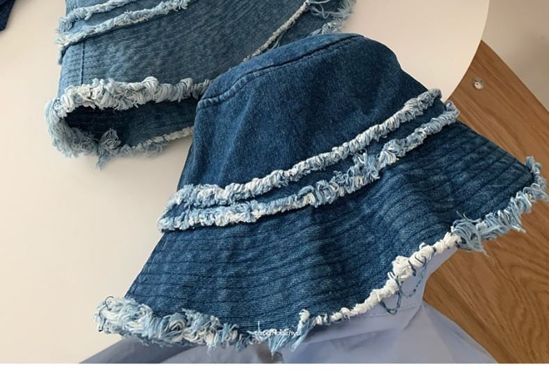 Denim Fringed Distressed Hat Bucket