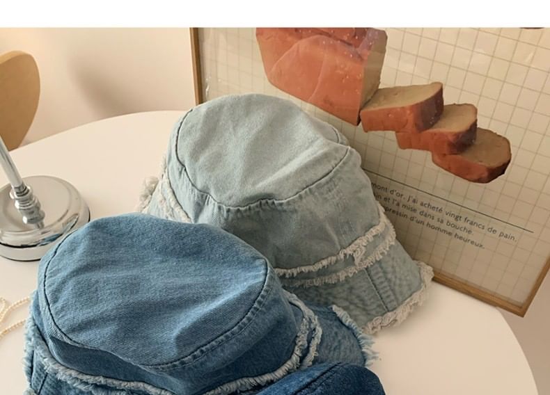 Denim Fringed Distressed Hat Bucket
