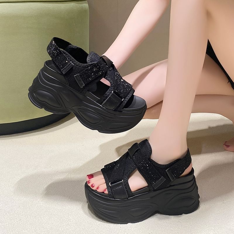 Slingback Rhinestone Adhesive Platform Mesh Sandals Strap