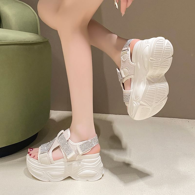 Slingback Rhinestone Adhesive Platform Mesh Sandals Strap