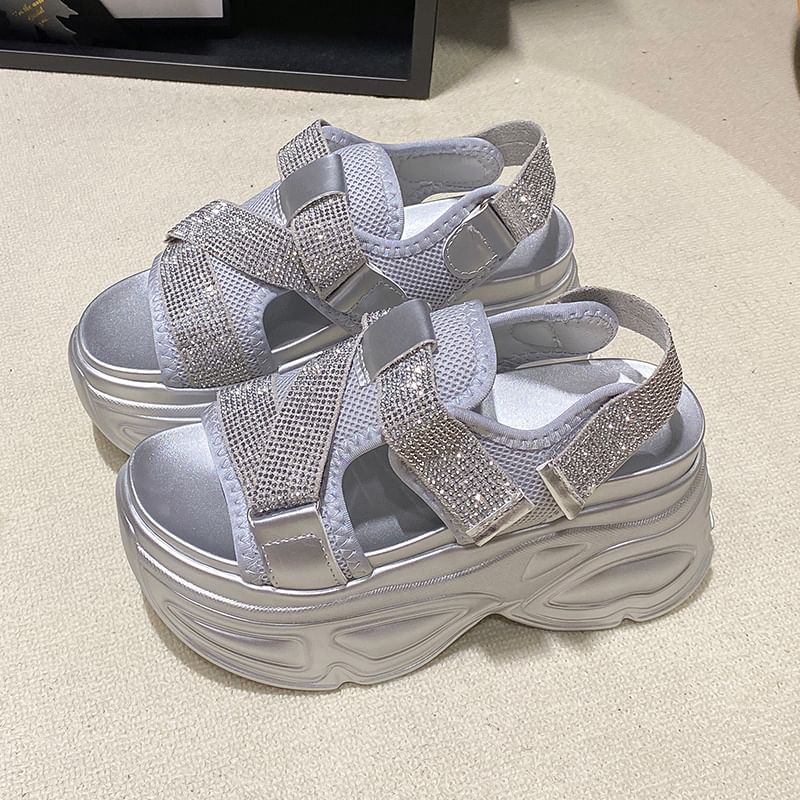 Slingback Rhinestone Adhesive Platform Mesh Sandals Strap