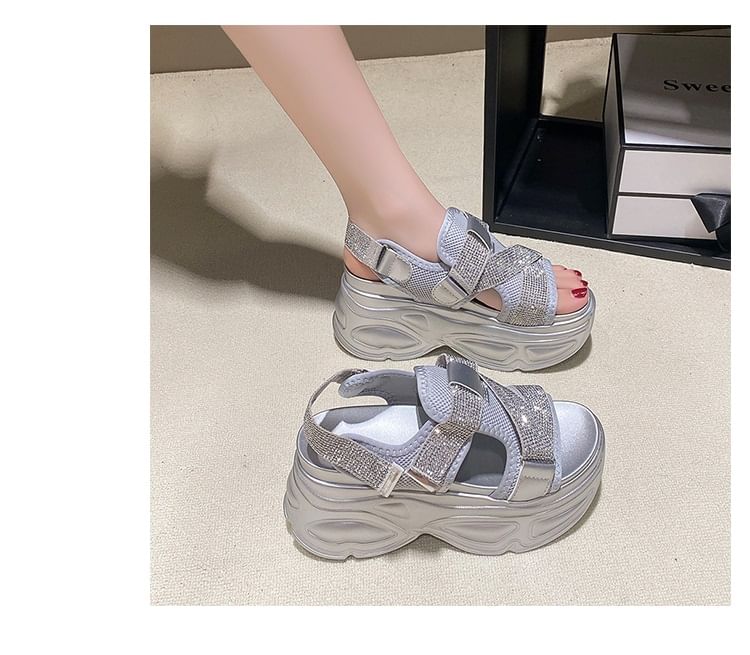 Slingback Rhinestone Adhesive Platform Mesh Sandals Strap