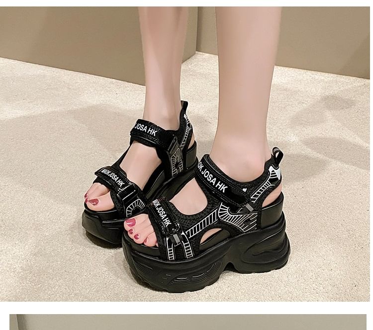 Strap Mesh Lettering Wedge Sandals Slingback Heel Print Adhesive