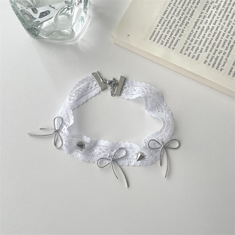 Lace Spike White Choker Rivets Necklace And With Bow