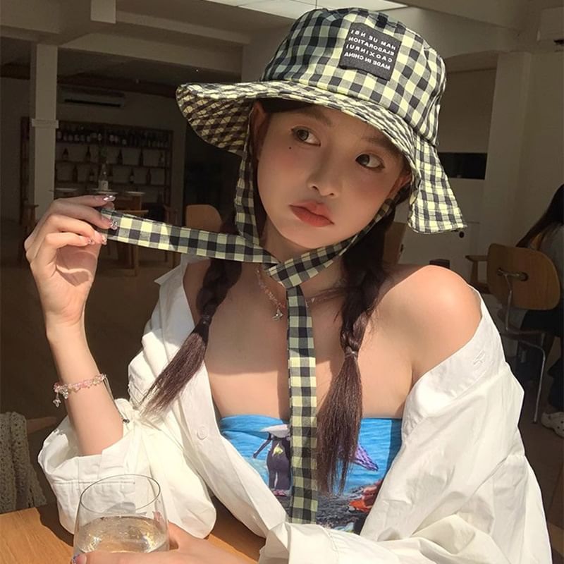 Chin Hat Checkered Strap With Cotton Bucket