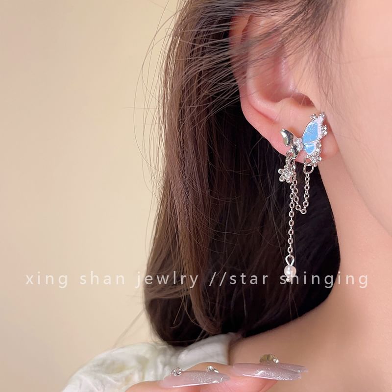 Butterfly Dangle / Rhinestone Earring Clip-On