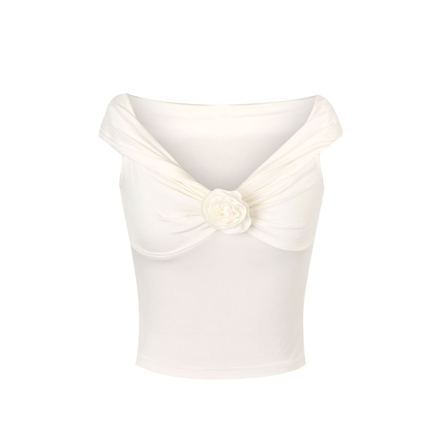 Short-Sleeve Off-Shoulder Plain Floral Accent Ruched Slim Fit Crop Top