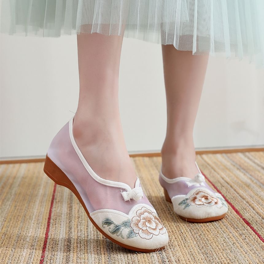 Heel Wedge Embroidered Mesh Slip-Ons