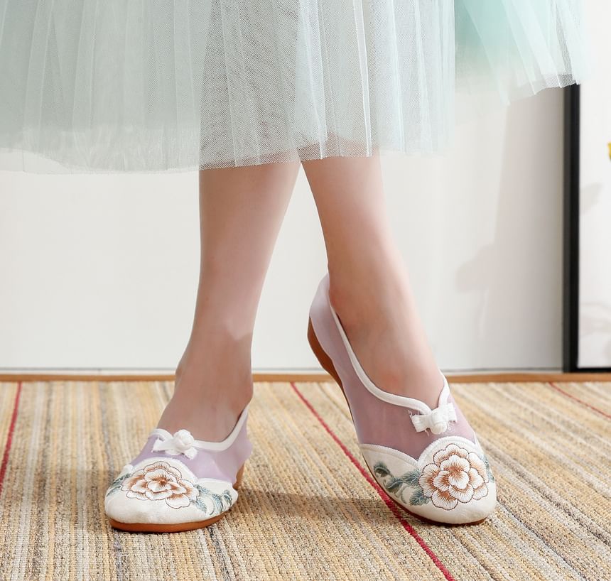 Heel Wedge Embroidered Mesh Slip-Ons