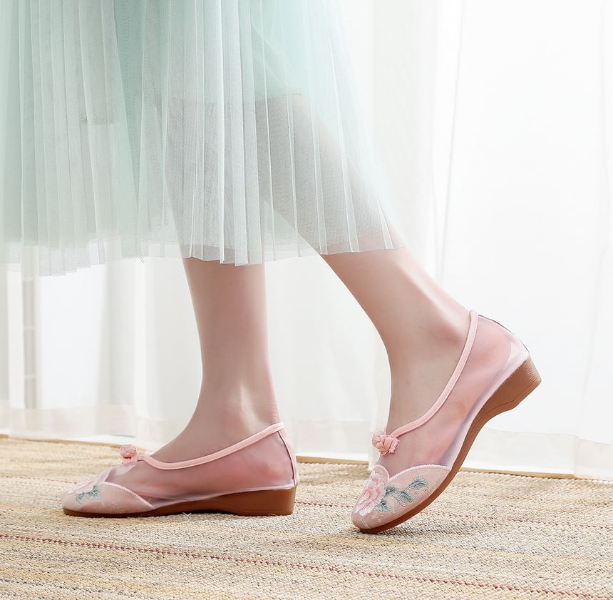Heel Wedge Embroidered Mesh Slip-Ons