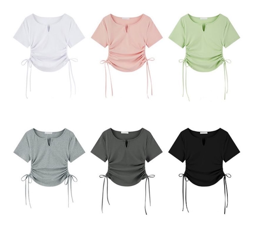 Plain Waist Drawstring Neck Notch Short-Sleeve Tee