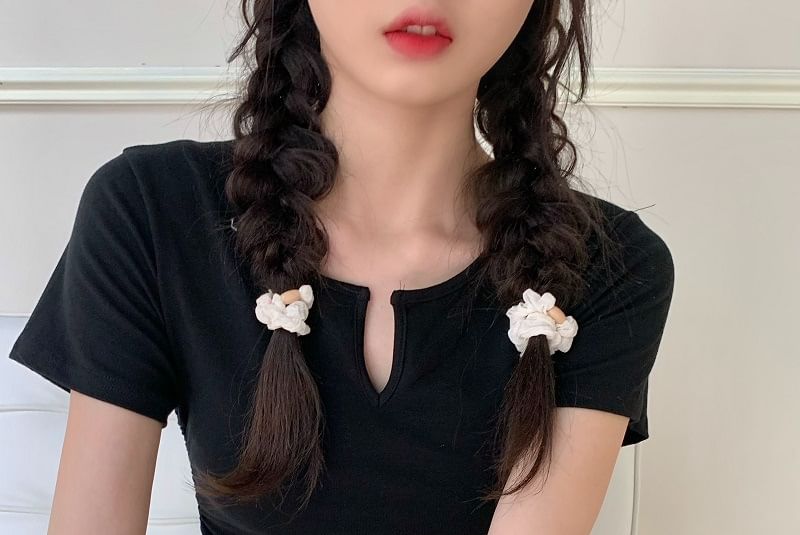 Plain Waist Drawstring Neck Notch Short-Sleeve Tee