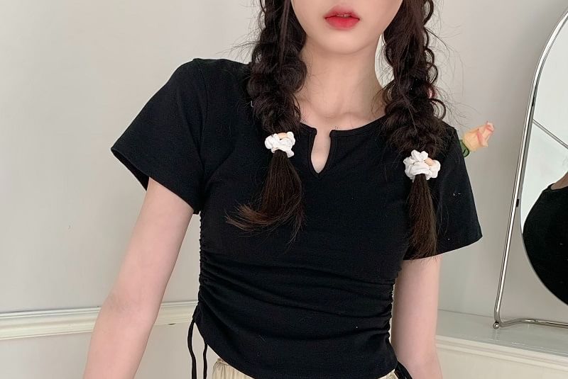 Plain Waist Drawstring Neck Notch Short-Sleeve Tee