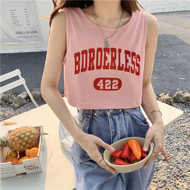 Top Crew Neck Numbering Lettering Tank Print Crop