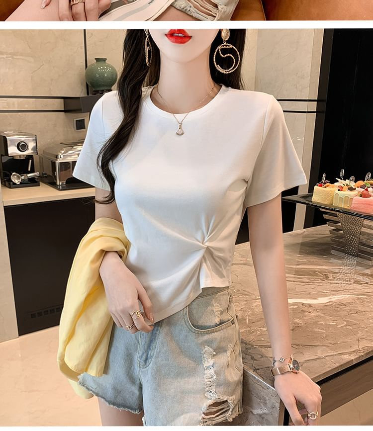 Asymmetrical Short-Sleeve Plain Neck T-Shirt Ruched Crew
