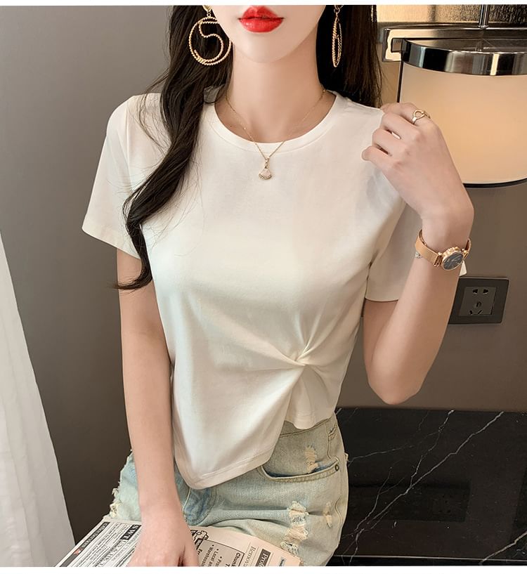Asymmetrical Short-Sleeve Plain Neck T-Shirt Ruched Crew