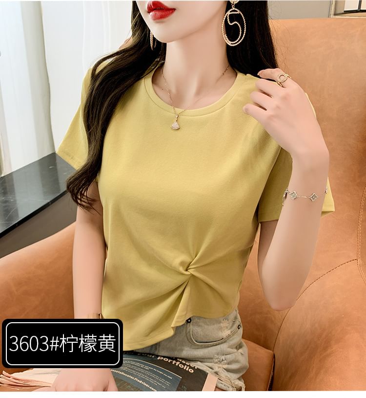 Asymmetrical Short-Sleeve Plain Neck T-Shirt Ruched Crew
