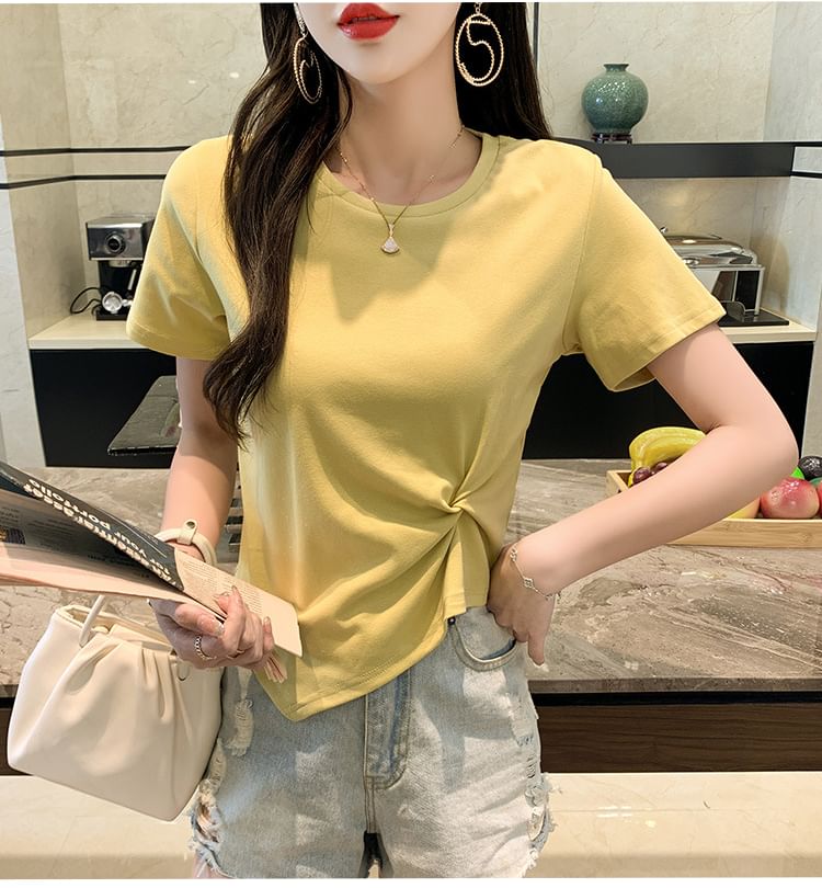 Asymmetrical Short-Sleeve Plain Neck T-Shirt Ruched Crew