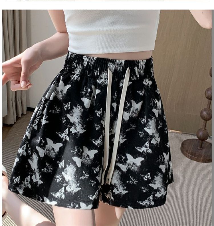 Drawstring Waist Print Shorts Butterfly