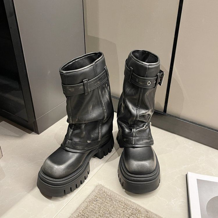 Boots Chunky Heel Mid-Calf Buckled Platform