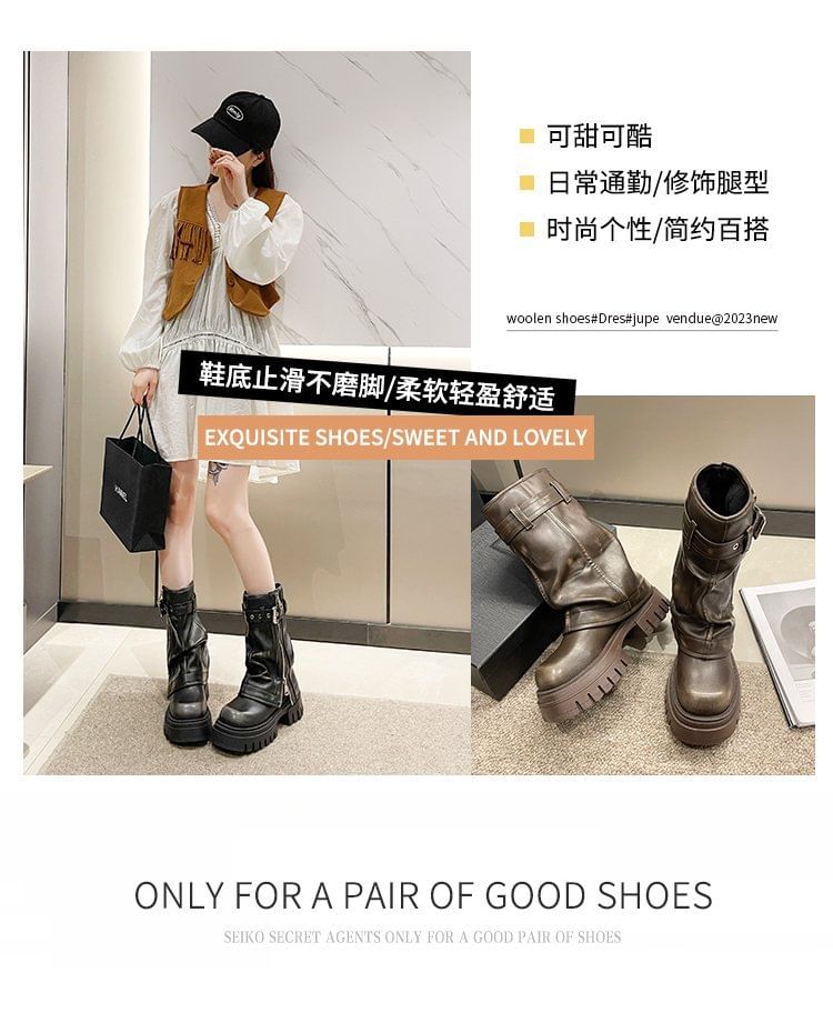 Boots Chunky Heel Mid-Calf Buckled Platform