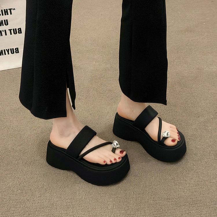 Heart Loop Slide Sandals Platform Rhinestone Toe