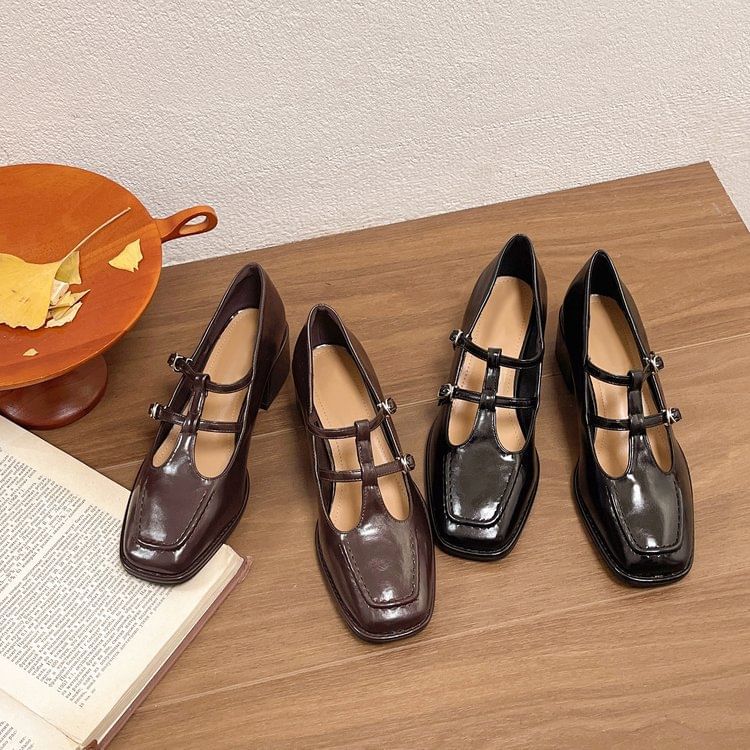 Mary Square Chunky Toe Pumps Jane Heel Double-Strap