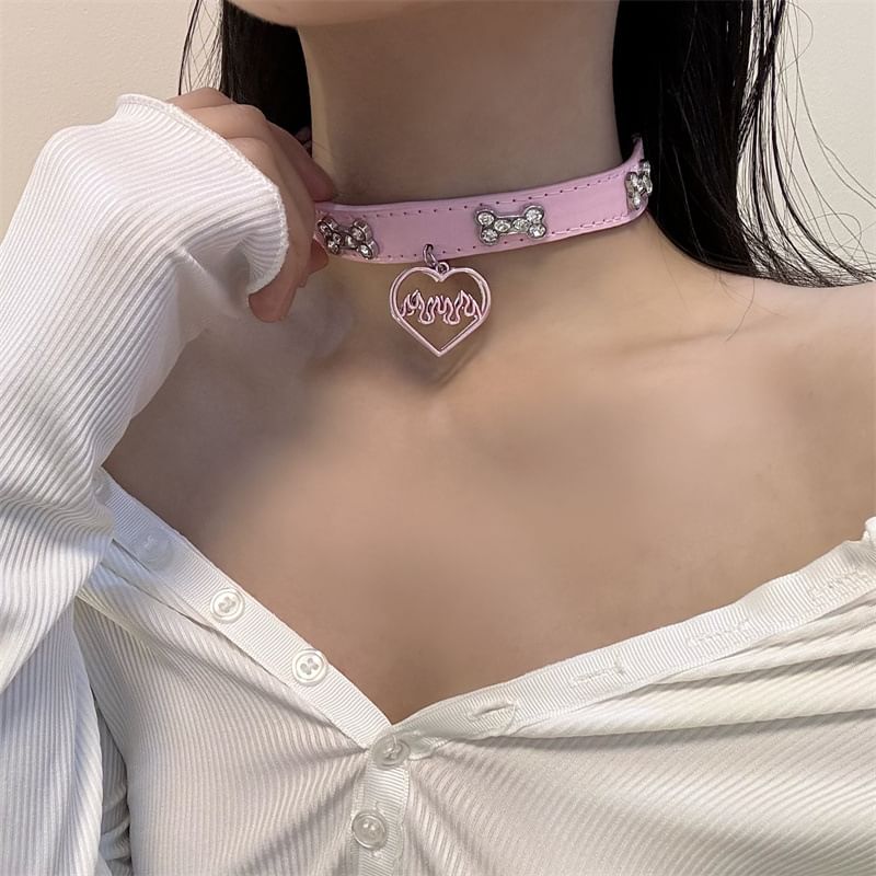 Rhinestone Faux Choker Leather Heart