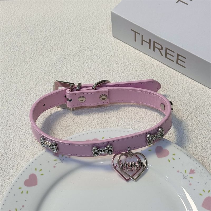 Rhinestone Faux Choker Leather Heart