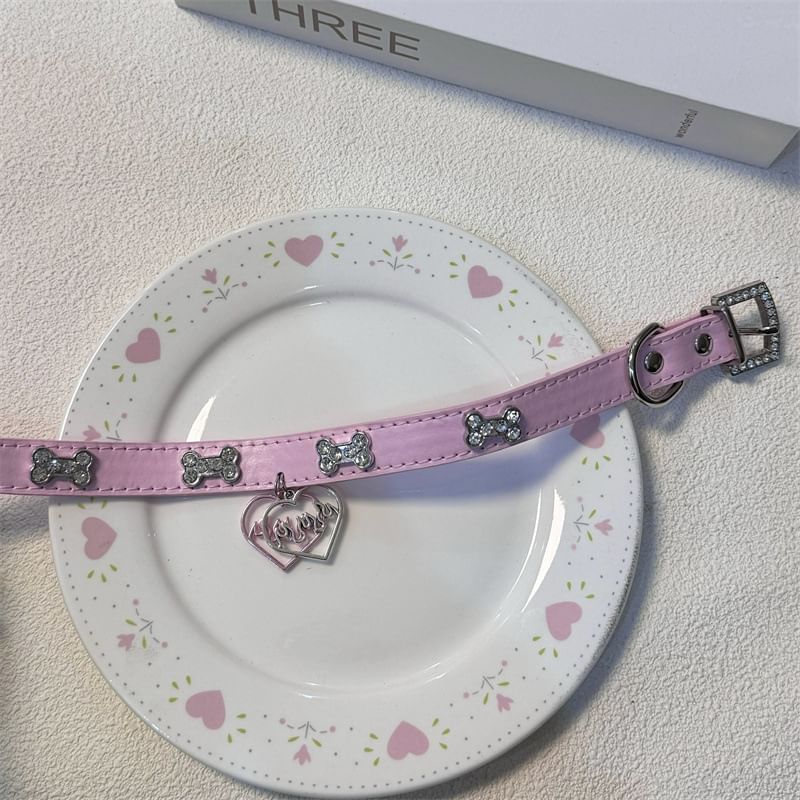 Rhinestone Faux Choker Leather Heart