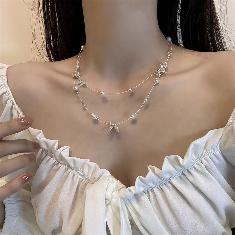Pearl Faux Layered Butterfly Necklace