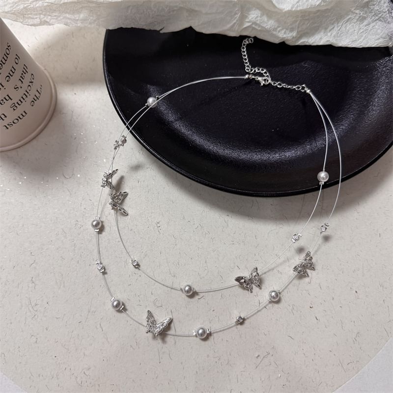 Pearl Faux Layered Butterfly Necklace