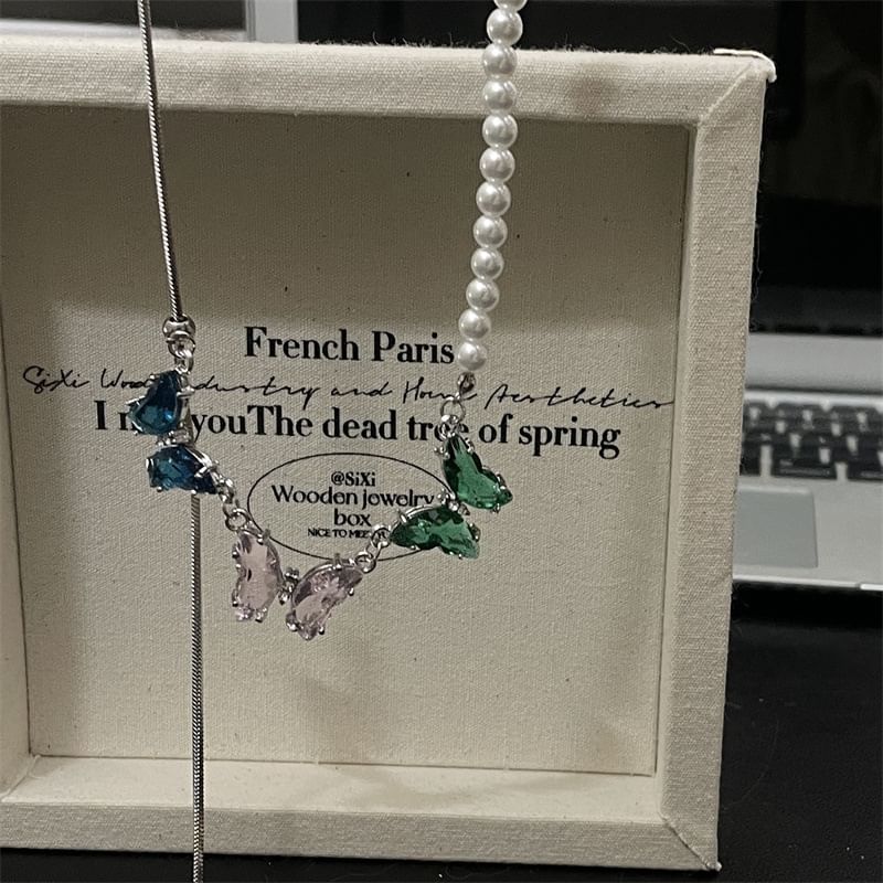 Rhinestone Necklace Faux Pearl Butterfly